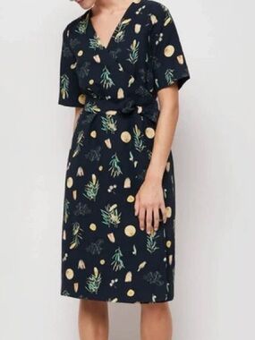 Dana Kinter + Gorman Winter Song Silk Linen Blend Black Botanical Wrap Dress